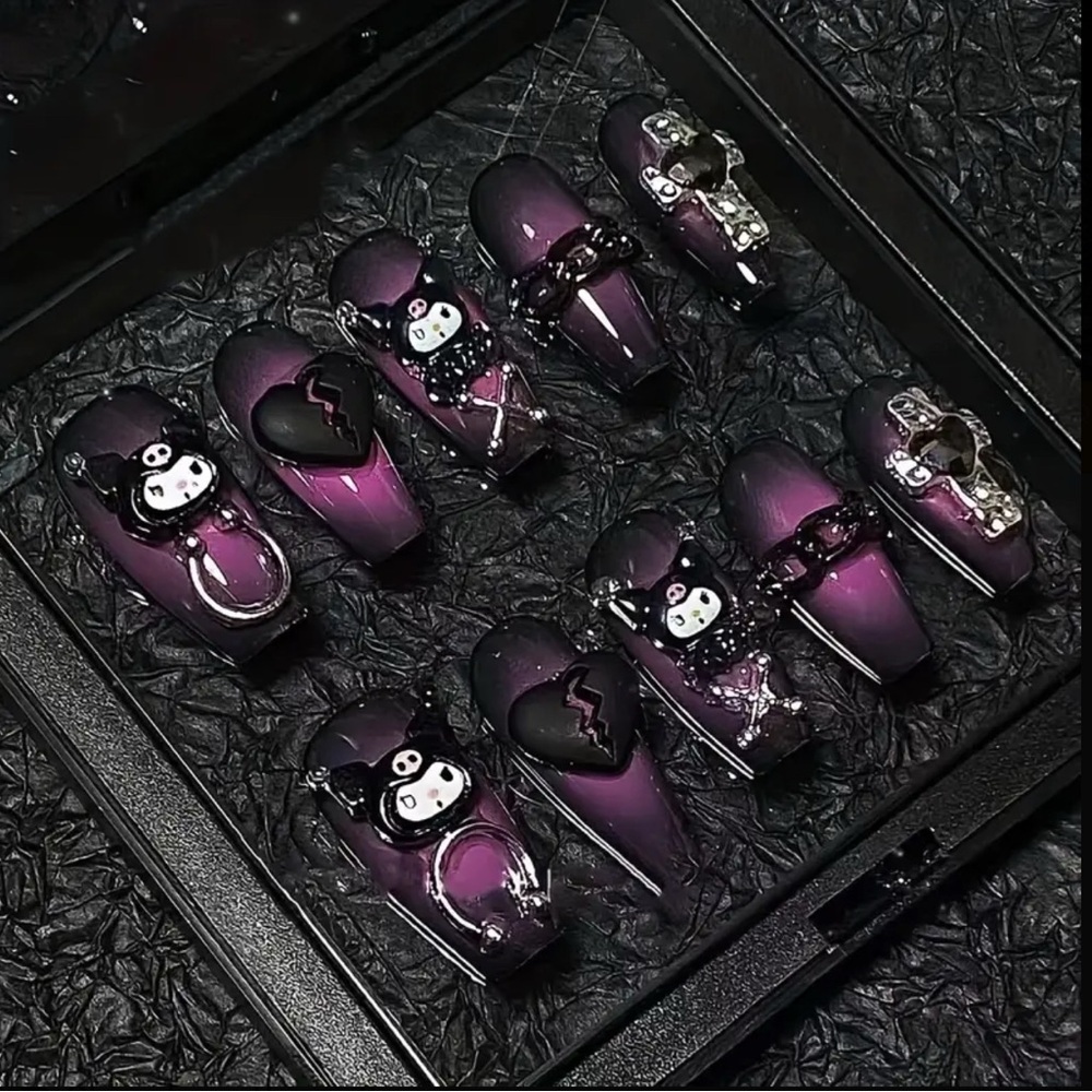 NWOT - Kuromi Press-On Nails – Purple Goth Set w/ Charms, Chains & 3D Accents